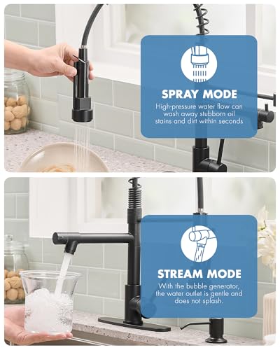 Image of AIMADI Black Kitchen Faucet with Pull Down Sprayer,Stainless Steel | Spring Kitchen Sink Faucet with Soap Dispenser,Modern Single Handle Faucets for Farmhouse,RV,1or 3 Hole