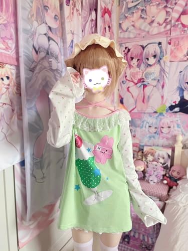 Womens Y2K Kawaii Print Sweatshirt Off Shoulder Lace Patchwork Tops Cute Japanese Graphic Casual T-Shirt4