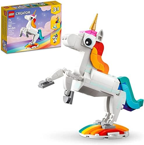 Lego Creator 3 in 1 Magical Unicorn Toy, Transforms from Unicorn to Seahorse to Peacock, Rainbow Animal Figures, Unicorn Gift for Grandchildren, Girls and Boys, Buildable Toys, 31140