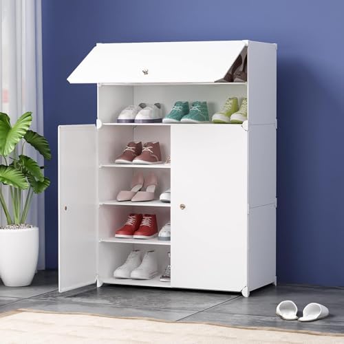 Image of Premium Multipurpose Modular 𝟔 𝐒𝐇𝐄𝐋𝐅 Plastic Shoe Rack for Home with 3 Door | Stackable Organizer | Waterproof & Dustproof | Space Saving Storage for Home, Bedroom & Entryway - White