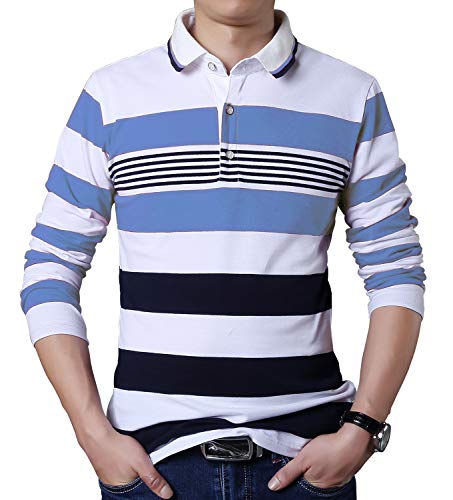 XTAPAN Men's Striped Polo Shirts Long Sleeve Casual Cotton Golf Shirts Polo T Shirt US M H06 Blue