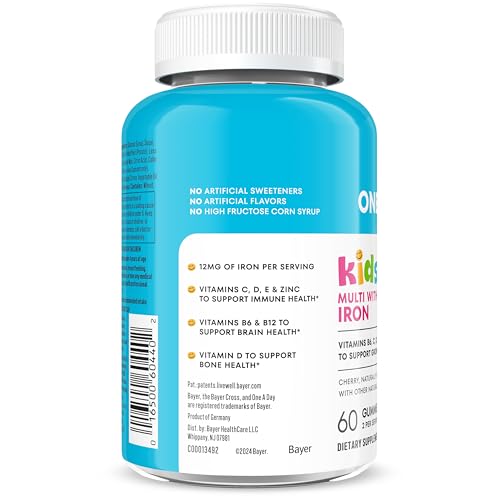 One A Day Kids Multivitamin with Iron Gummy, Vitamin D, Vitamin C, E, Zinc for Immune Support, Gummy Vitamins, Kids Multivitamin Gummies with Iron, Cherry Flavor, 60 Count (Packaging May Vary) - image 2
