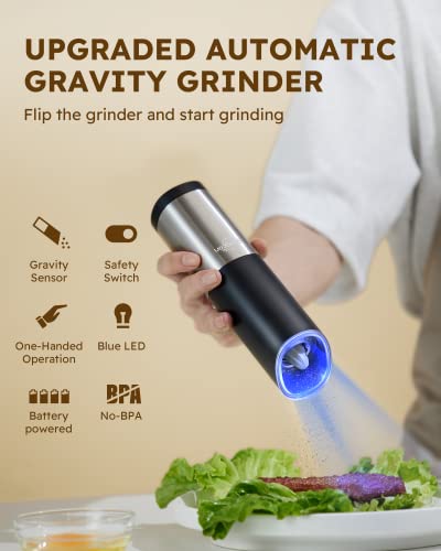 Sangcon-Electric-Salt-and-Pepper-Grinder-Mill-Set-Safety-Gravity-Switch-Battery-Powered-with-LED-Light-Adjustable-Coarseness-One-Hand-Automatic-Operated-Kitchen-Gadgets-Stainless-Steel-2-Pack