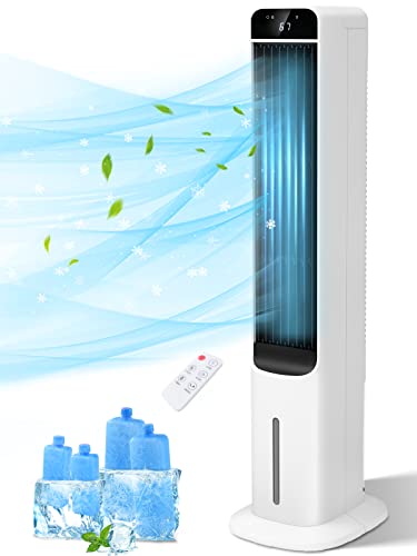 LifePlus Evaporative Air Cooler, 41 Inch Portable Tower Cooling Fan with Top & Bottom Water Refilling, Swamp Cooler with Humidifier for Room, 50Â° Oscillation, 3 Speed and 3 Wind Type, Remote Control