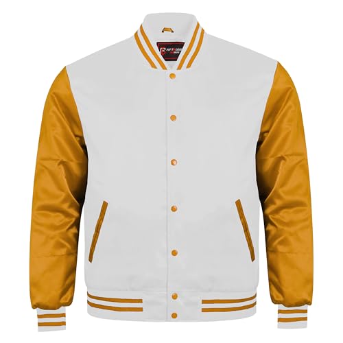 Classic Satin Varsity Letterman Jacket Bomber Design & Baseball-College Style Multicolor & Gold Sleeve
