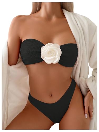 MakeMeChic Women's Two Piece Bikini Set 3D Flower Textured Strapless Bandeau Tie Back Bathing Suit