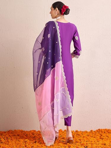 Image of INDO ERA Women's Silk Blend Embroidered Straight Kurta Pant with Dupatta (Iestr6307)
