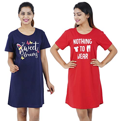 Image of Buy That Trendz Women's Long Tshirt Cotton Graphic Printed Knee Length Short Night Dress (Pack of 2)
