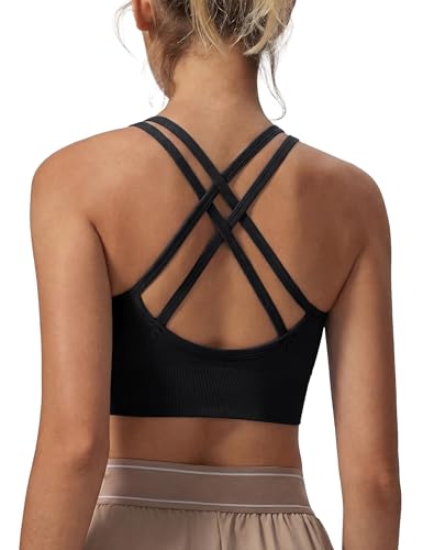 Leversic Sujetador Deportivo Mujer de Yoga Acolchado de Impacto Medio Top Corto con Espalda Cruzada y Tiras para Fitness, Gimnasio (Negro, XL)