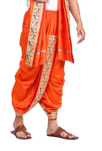 Image of Rameshwaram Fabrics Readymade Dhoti for Men, Velcro Style Stitched Mens Silk Dhoti Pant with Stole Set