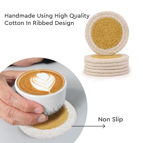 Image of Encasa XO Drink Coasters Set of 6 | Yellow & Off White with Round (9 cm) | Handcrafted Ribbed Cotton | Absorbent & Heat-Resistant | Use for Tea, Coffee Table & Desk