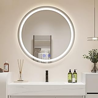 KYHOMY 60CM Round Bathroom Mirror with Lights Illuminated Bathroom Mirror Wall Mounted Vanity Mirror with Demister Pad Dimmable Touch Switch 3 Color Change IP44