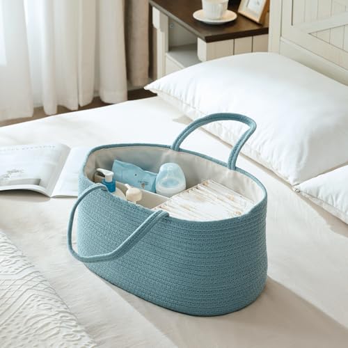 Image of luxury little Diaper Caddy Organizer, Large Cotton Rope Nursery Baby Basket, Changing Table Organizer for Baby Diaper Storage, Portable Car Organizer Removable Divider (Lake Blue, Extra Large)