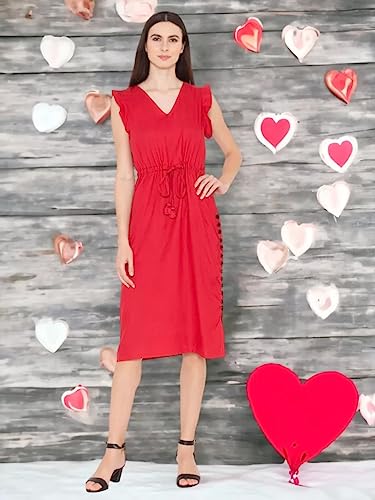 Image of ENTELLUS Western V Neck Inside Belt Red Dress for Women (Size - XS to 6XL)