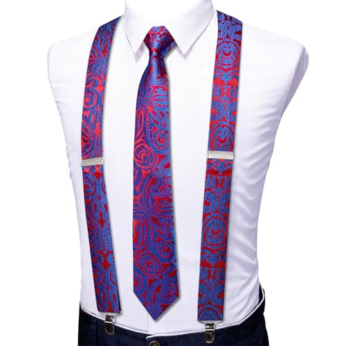Image of Barry.Wang Men Suspender Set with Necktie Elastic Y Type Heavy Duty 6 Clips Braces Tie Handkerchief Cufflink Pin 6PCS
