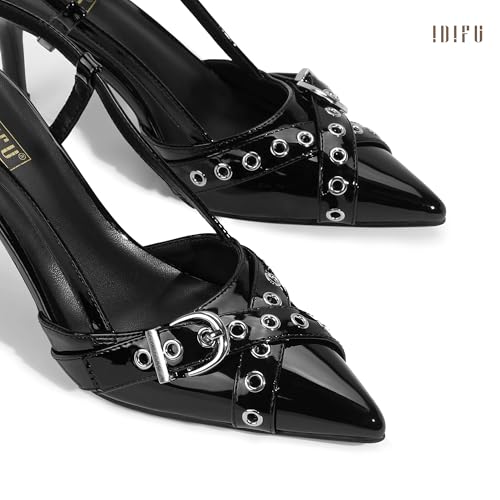 Image of IDIFU IN3 Slingback Kitten Heels for Women Stiletto Heel Closed Pointed Toe Pumps Buckle Straps Dress Shoes Sexy Prom Party Work Trendy Fashion Comfortable Pumps Dressy Shoes