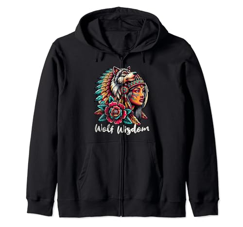 Cabeza de lobo indio nativo americano, flor, tribal, bohemio Sudadera con Capucha