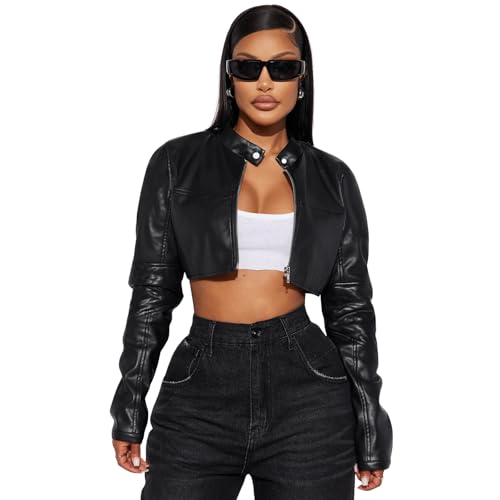 Charyeah Women's Fashion Faux Leather Jacket Crop Short Cropped PU Slim Zip Up Moto Biker Coat Motorcycle Jackets Coat (US, Alpha, Medium, Regular, Regular, Black)