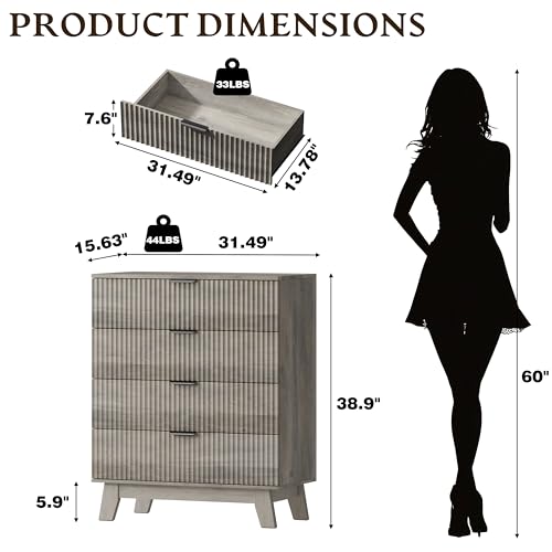Image of BORNOON 39 inch Tall Dresser for Bedroom, 4-Drawer Fluted Chest of Drawers, Modern Wood Highboy with Deep Storage, Metal Slides & Handles, Anti-Tip Kit, Vertical Clothes Organizer for Apartment, Nursery