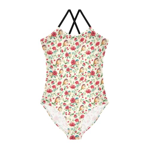 senya Girls Swimsuits One-Piece Swimwear Tie Bathing Suit Beach Summer Round Neck 7-8T Rose Hedgehog Pattern