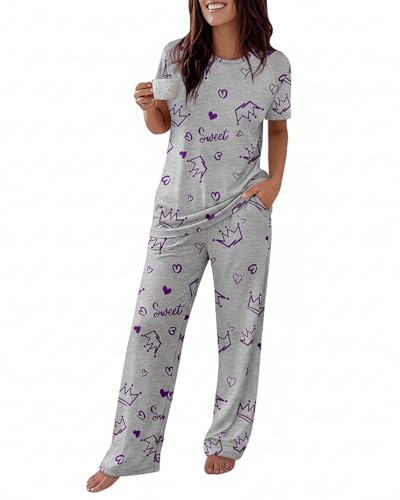 Image of CHICME Womens Pajamas Sets 2 Piece Short Sleeve Lounge Set Printed Loose Pants Pj Sets Loungewear Set