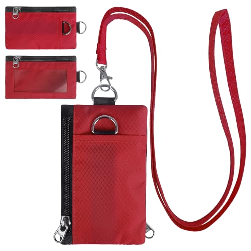 Image of TATAANTY RFID Blocking Wallet, Minimalist Wallet for Men, Small Wallet for Women with Lanyard Keychain, ID Holder Zipper for Cards, Coins, Travel, Water-resistant, Red, Casual