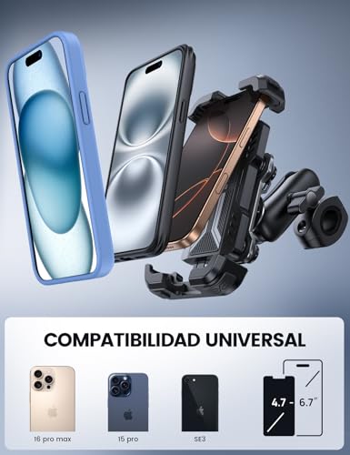 Lamicall Soporte Móvil Moto - [Doble Antivibración] Brazo Extensible Metálico, Soporte Móvil Bicicleta Antirrobo, 2 x 360° Giratorio Soporte de Manillar, para iPhone 17 16 15 y Smartphone de 4,7-6,8" - imagen 5
