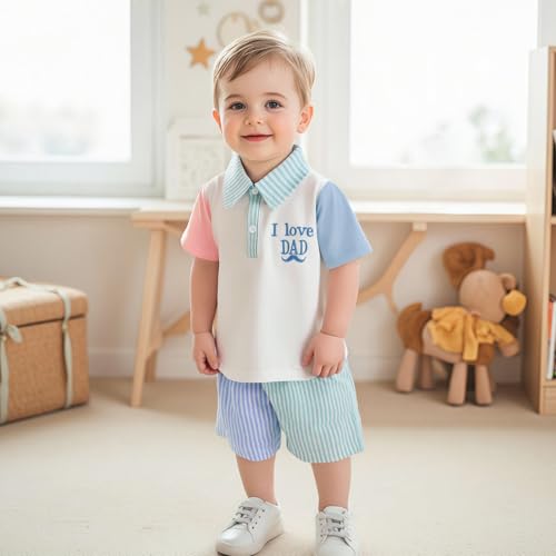 Toddler Baby Boy Fathers Day Outfit I Love Dad Color Block Collared Button Shirt Stripe Shorts Set Summer Clothes2