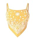 Design by Olivia Women's Stretchy Asymmetric Tie Knob Open Back Bandana/Flower Print Crop Top Shirt- Made in USA Banana Print L