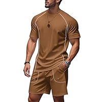 congluoki Conjunto de 2 peças de agasalho de verão masculino casual esportivo camisa e shorts para corrida com bolsos marrom GG