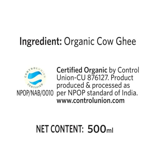 Image of Organic India Pure Cow Ghee, 500ml | Labs Tested on 250+ Parameters | Certified Organic | Glass Bottle | Sourced from Organically Fed Cows | Authentic Taste, Rich in Healthy Fat (Pack of 2)