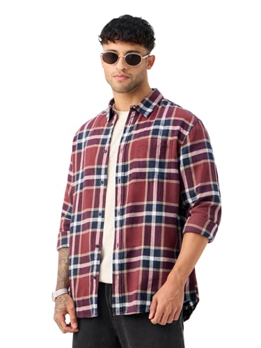 Image of The Souled Store Plaid: Black /Blue /Red Checks Long Sleeve Collared Neck Button Down Cotton Relaxed Fit Shirts for Men and Boys - Classic and Casual Wardrobe Essentials
