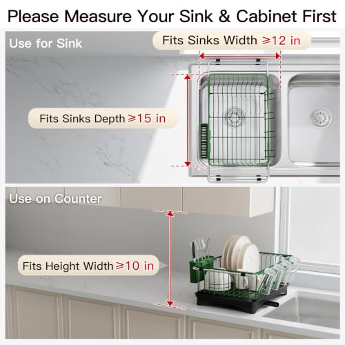 Image of JASIWAY Green Dish Drying Rack in Sink with Drainboard and Utensil Holder