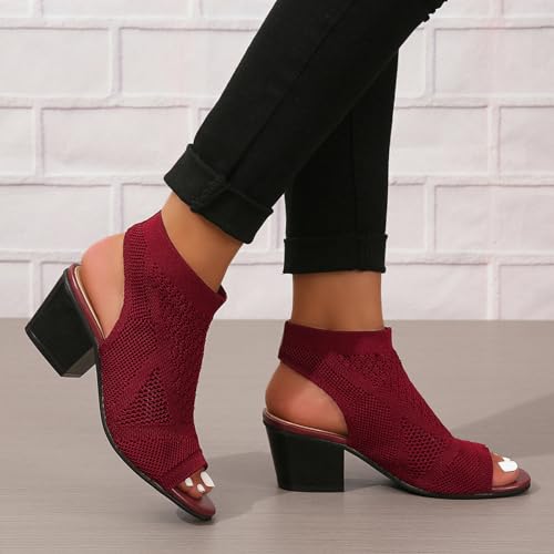 Image of Peep Toe Booties for Women Open Toe Heeled Sandals Knit Cutout Chunky Block Heel Breathable Fashion Shoes US5-11