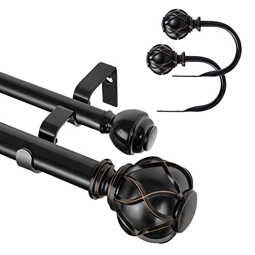 KAMANINA Bundle of 36-72" Double Curtain Rod and Matched Holdbacks 1 Pair, Netted Texture Finials, Black