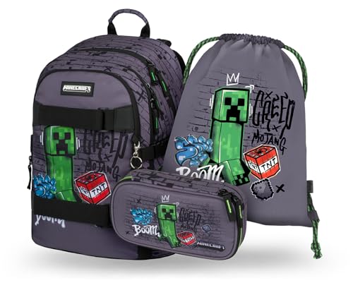 Baagl Schulrucksack Set Jungen Mädchen 3 Teilig, Skateboard Rucksack, Schultasche ab 3. Klasse, Grundschule Ranzen mit Brustgurt, Ergonomischer Schulranzen, 25 l (Minecraft)