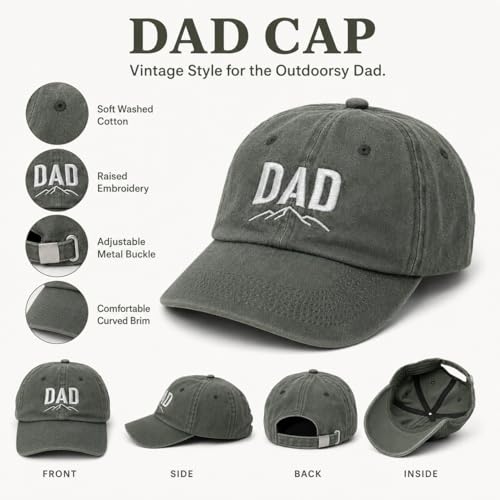 Image of Dad Hat for Men, Washed Cotton Baseball Cap with Brown Leather Patch, Adjustable