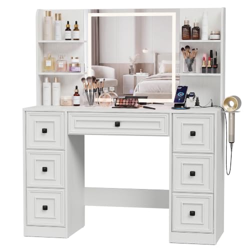 Image of YESHOMY Makeup Vanity Desk,LED Mirror,Charge Hub,Hair Tool Organizer