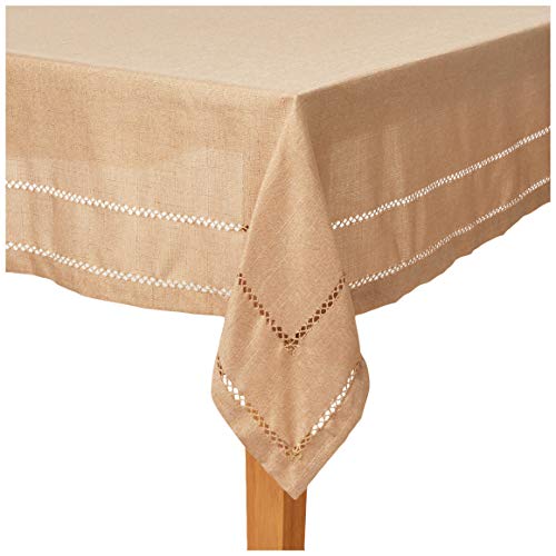 Hem Stitch Embroidered Vintage Design Tablecloth Oatmeal 68" by 140" Oblong/Rectangle