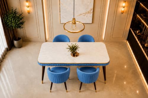 Image of WOODEN SPACE Majestic 4 Seater Wooden Dining Table Set | Urban Marble Top Dining Table with Chairs for Dining Room & Kitchen (Majestic Backline Sky Blue) (54 x 36 x 30 inch)