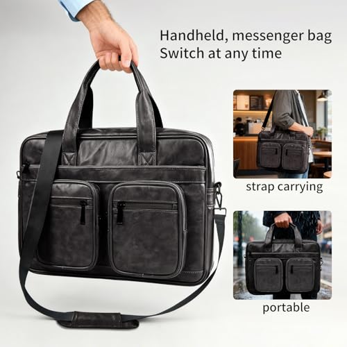 Image of MOCA PU Leather Laptop Bag for Men & Women | Office Briefcase | Multi-Pocket Messenger Bag | Fits 15.6 Inch Laptop | Adjustable Shoulder Strap
