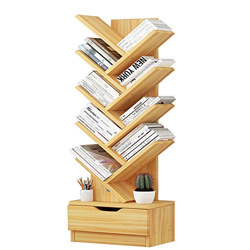Estantería de madera con cajones, fácil de montar, estante de almacenamiento para sala de estar y oficina, diseño creativo en forma de árbol, 10 niveles (color: madera)