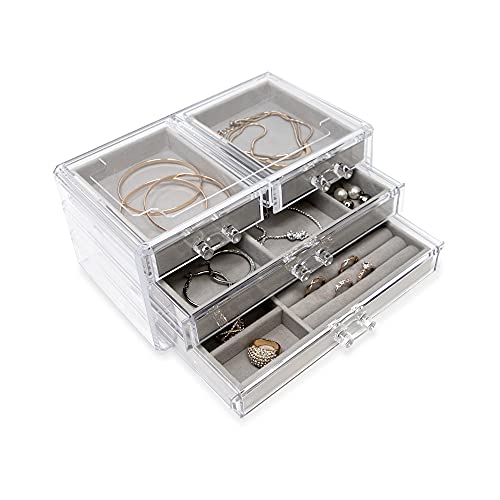 Isaac Jacobs Clear Acrylic 4-Drawer Jewelry Organizer (9.25â€ x 5.4â€ x 4.25â€) w/ Velvet Lining, Stackable Storage Box For Rings, Necklaces, Bracelets, Earrings & Watches, Tabletop Display Case (Grey)