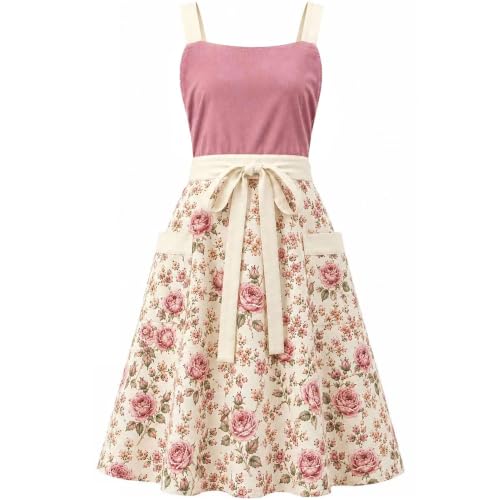 Pinafore Apron Dress for Women with Pockets Adjustable Floral Kitchen Apron