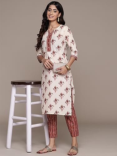Image of anubhutee Women's Cotton Blend Floral Printed Off White Straight Kurta Suit Set with Trousers