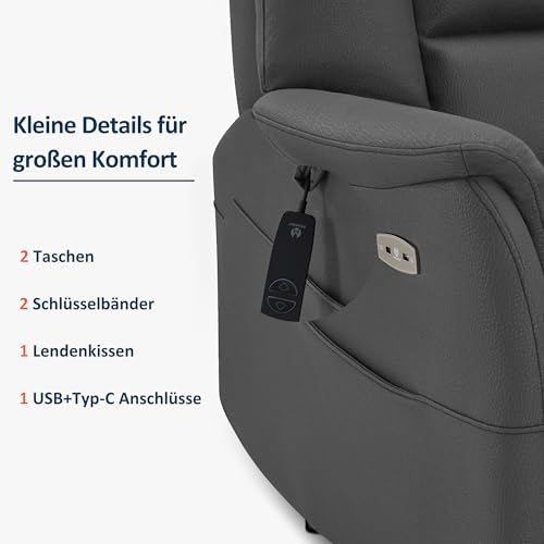 M MCombo Fernsehsessel Elektrisch Verstellbar, Relaxsessel mit Liegefunktion, Massagesessel 3 cm Wandnah, TV Sessel für Enge Räume, USB & Lendenkissen, Wohnzimmer, 7063 (Dunkelgrau) – Bild 8