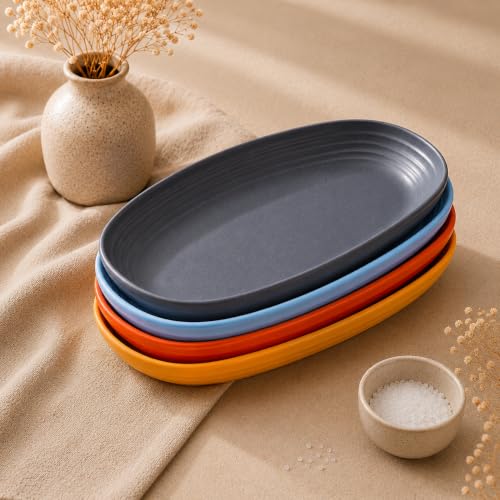 Image of Wheat Straw Unbreakable Oval Plastic Plates, 11.6 inch / 7.2 inch, Lightweight for Kitchen, Party, Camping, Picnic, BBQ, Dishwasher & Microwave Safe (Mix, Pack of 4)