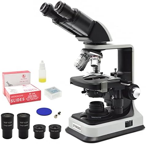 Compound Binocular Microscopes for Adults & Students, Chargeable, 40X-2500X Magnification with 10X/25X Eyepiece, LED Illumination, Abbe Condenser, Double-Layer Mechanical Stage