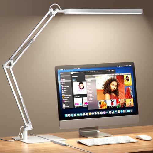 SKYLEO Lampara de Escritorio - Brazo Oscilante Ajustable Flexo LED Escritorio ，Base Ultrafina, Regulable,Temporizador, Funcion Ee Memoria, 1300LM, 12W, Blanco