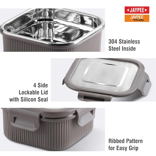 Image of Jaypee Plus Ultima Micro Seal Microwave Safe Air Tight Food Storage Container 400 ml Inner Stainless Steel Rib Design Spillproof Lunch Box for School, Office, Ideal for Snacks and Meal,Mirror Grey